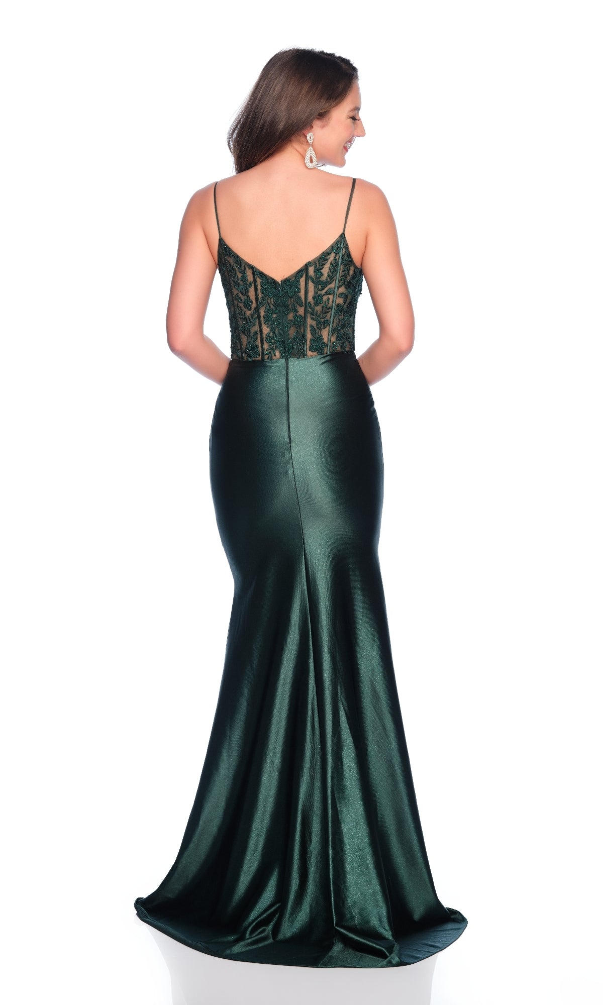 Woman wearing the Dave & Johnny 11836 long prom dress in dark green, featuring a fitted embroidered lace bodice with thin straps, floor-length skirt, and shown from the back on a white background.